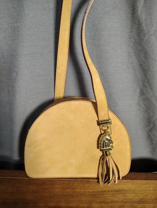 Burberry Handbags - Burberry Tan Suede Half-Moon Crossbody with Tassel Charm